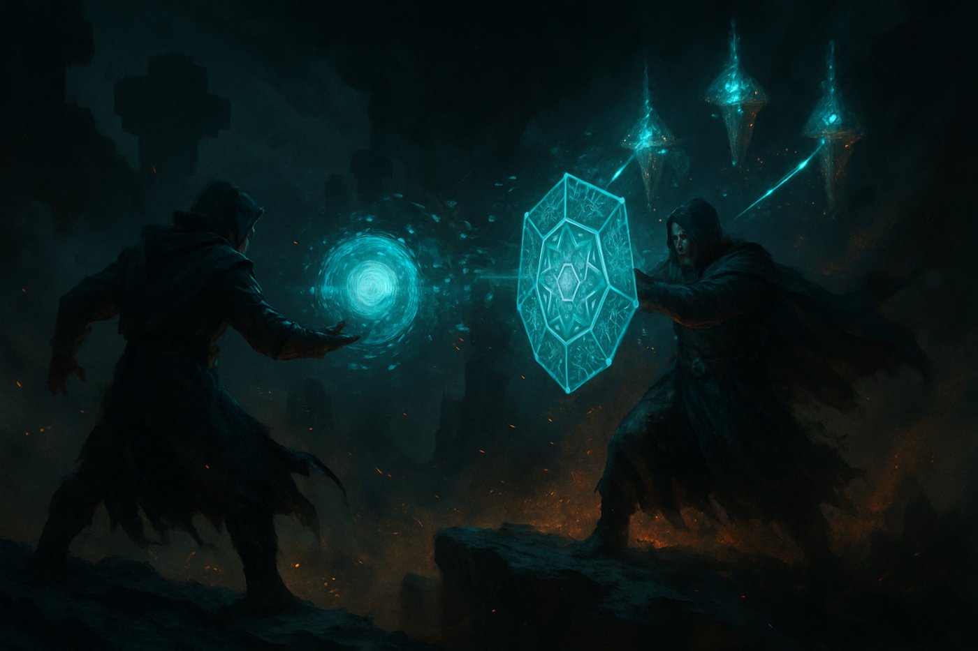 Two sorcerers dueling with a code-orb and a rune shield
