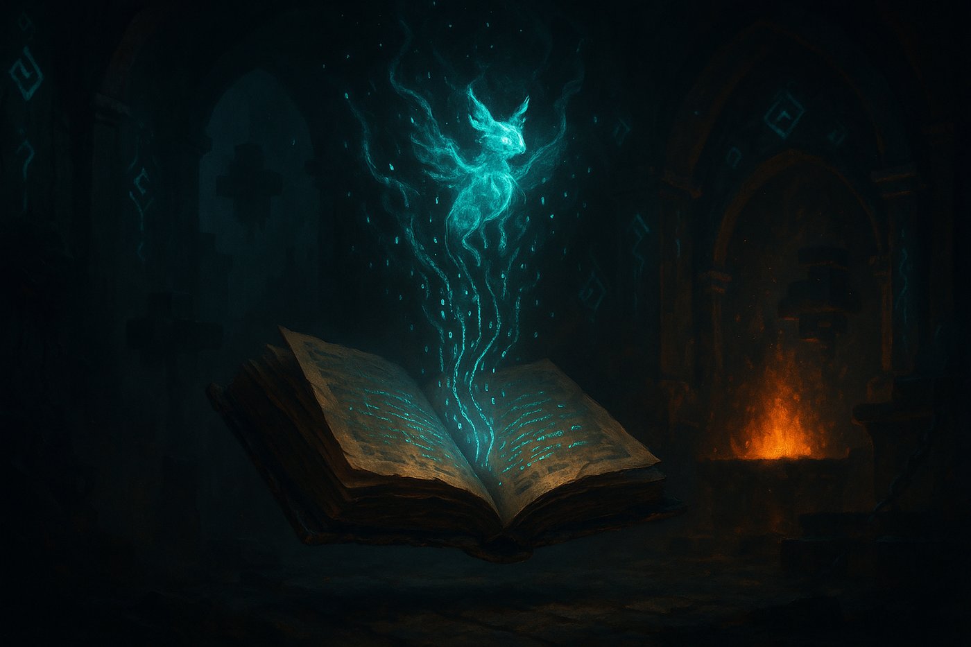 A floating spellbook streaming glowing code that forms into a conjured creature