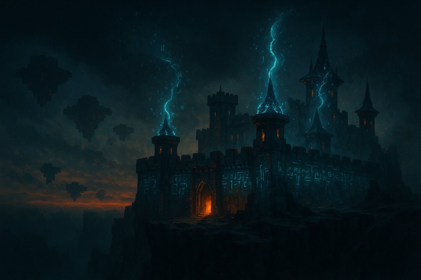 A fortress of glowing rune-code walls and arcane turrets at dusk