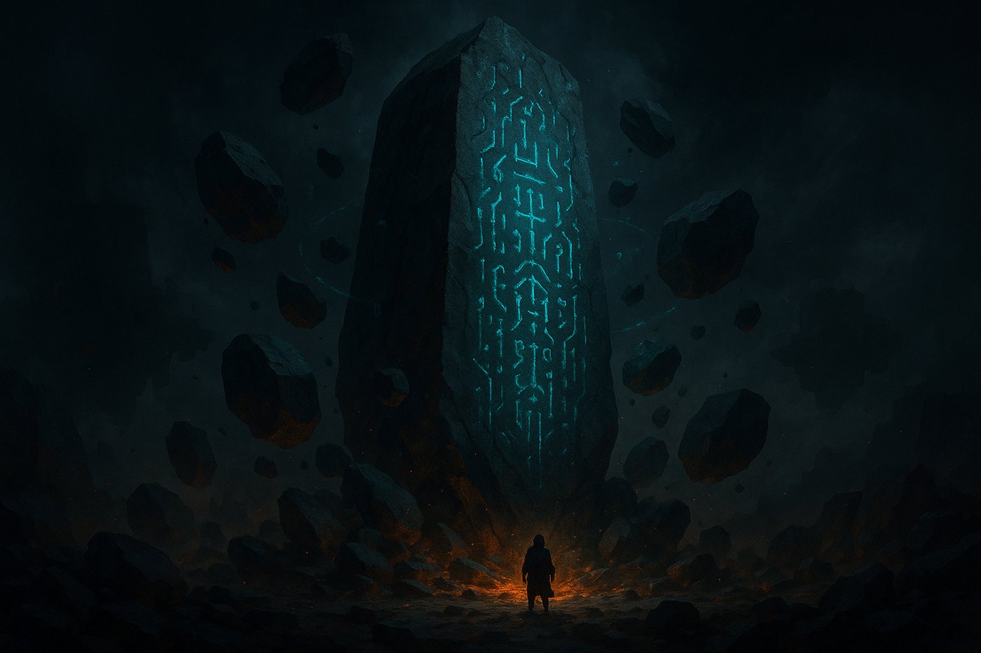 A colossal rune-carved Law Stone bending reality, rubble orbiting it