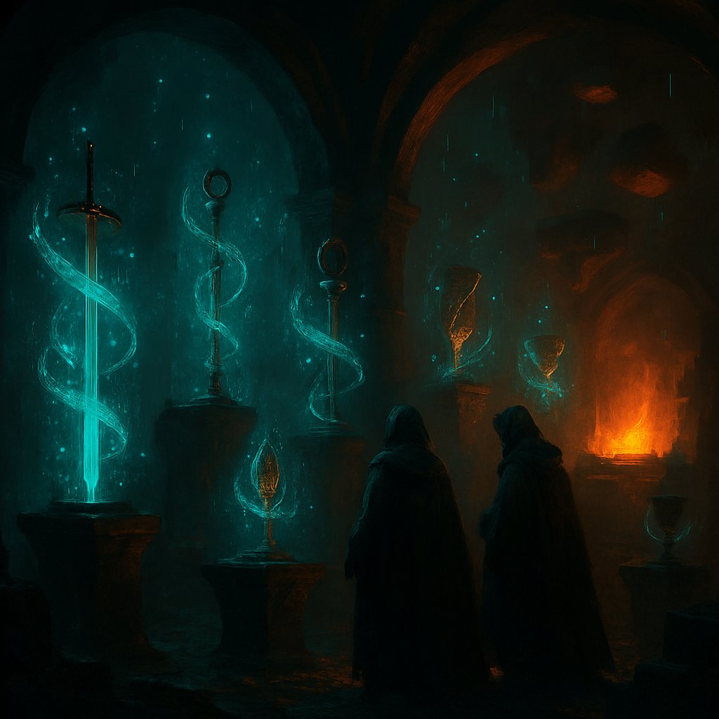 A vault of conjured artifacts hovering on pedestals