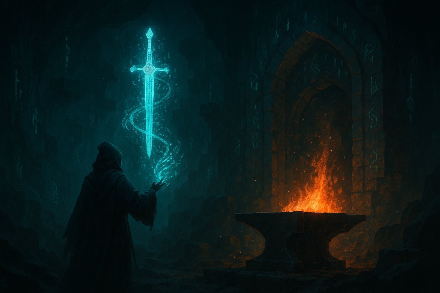 A sorcerer conjuring a sword of light at the forge