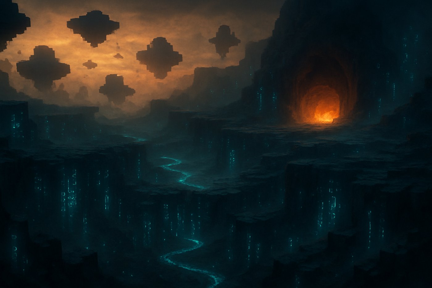 Floating voxel islands over glowing code-lit canyons at dusk