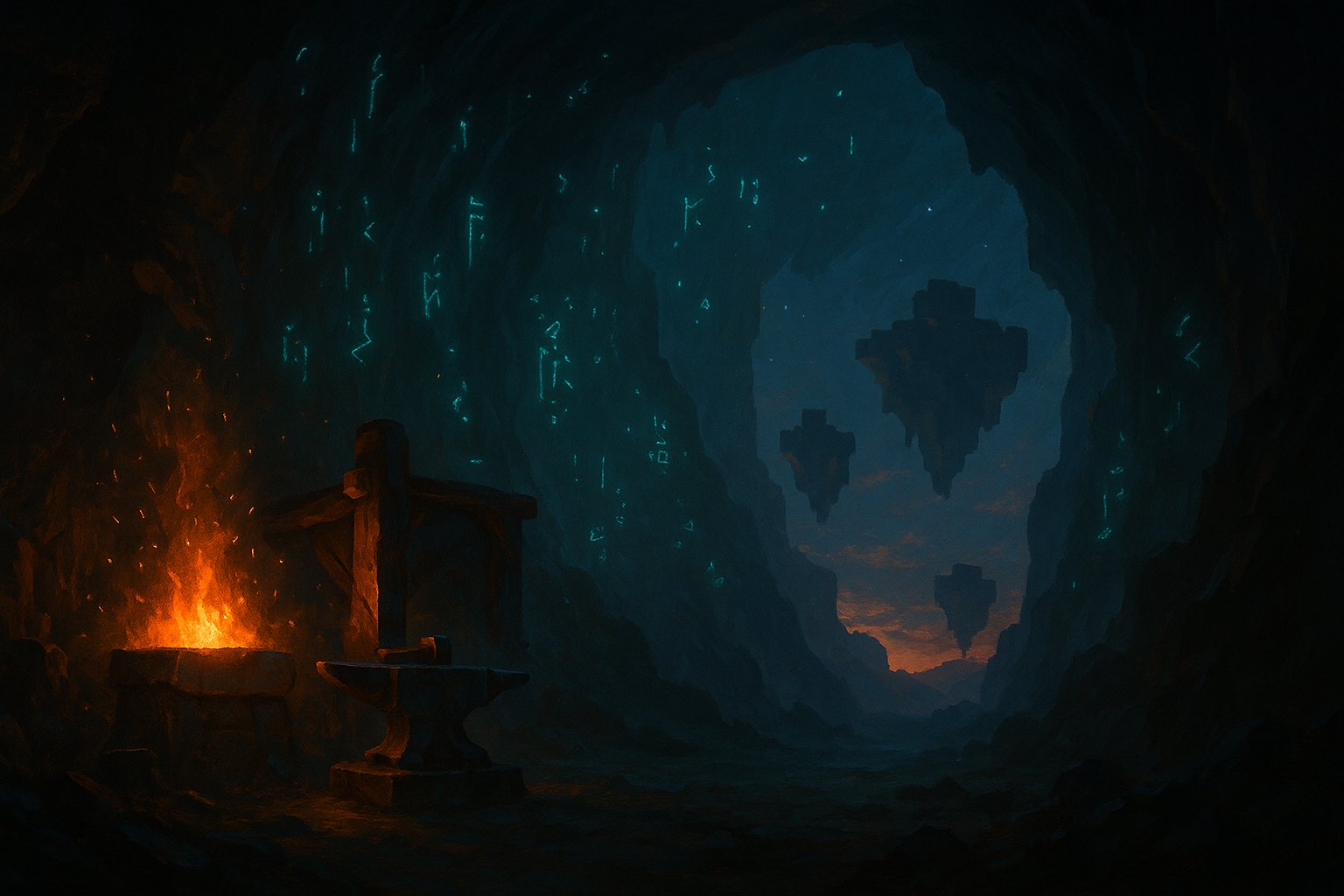 A forge glowing inside a rune-lit cavern, floating islands beyond